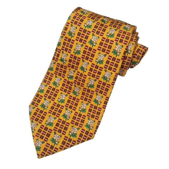 El Corte Ingles Men's Printed Silk Necktie Floral Pattern Yellow Made in Italy - Picture 6 of 6
